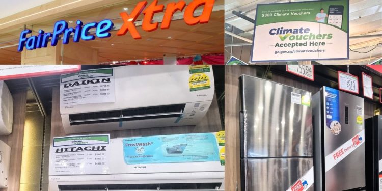 Air-conditioners and refrigerators at FairPrice Xtra.