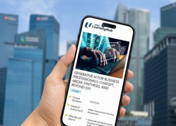 Asian professional viewing an NTUC LearningHub generative AI course on a mobile phone in Singapore’s CBD