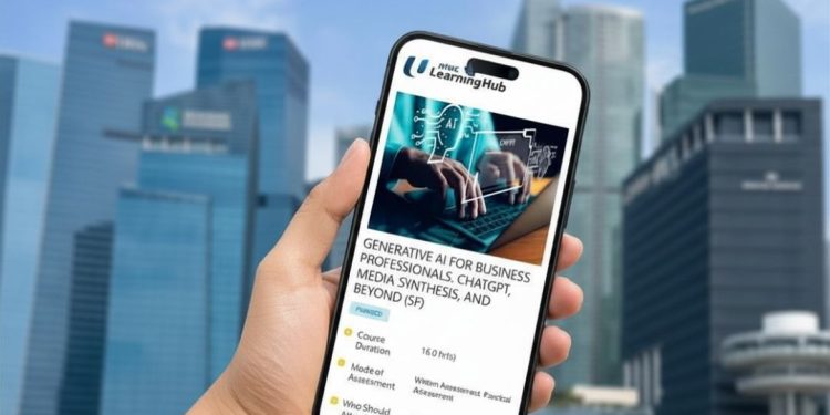 Asian professional viewing an NTUC LearningHub generative AI course on a mobile phone in Singapore’s CBD